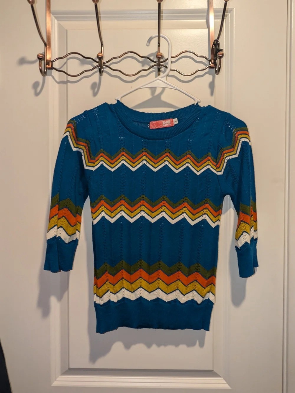 Lux Teal Chevron Knit Crewneck Sweater with Multicolor Stripes